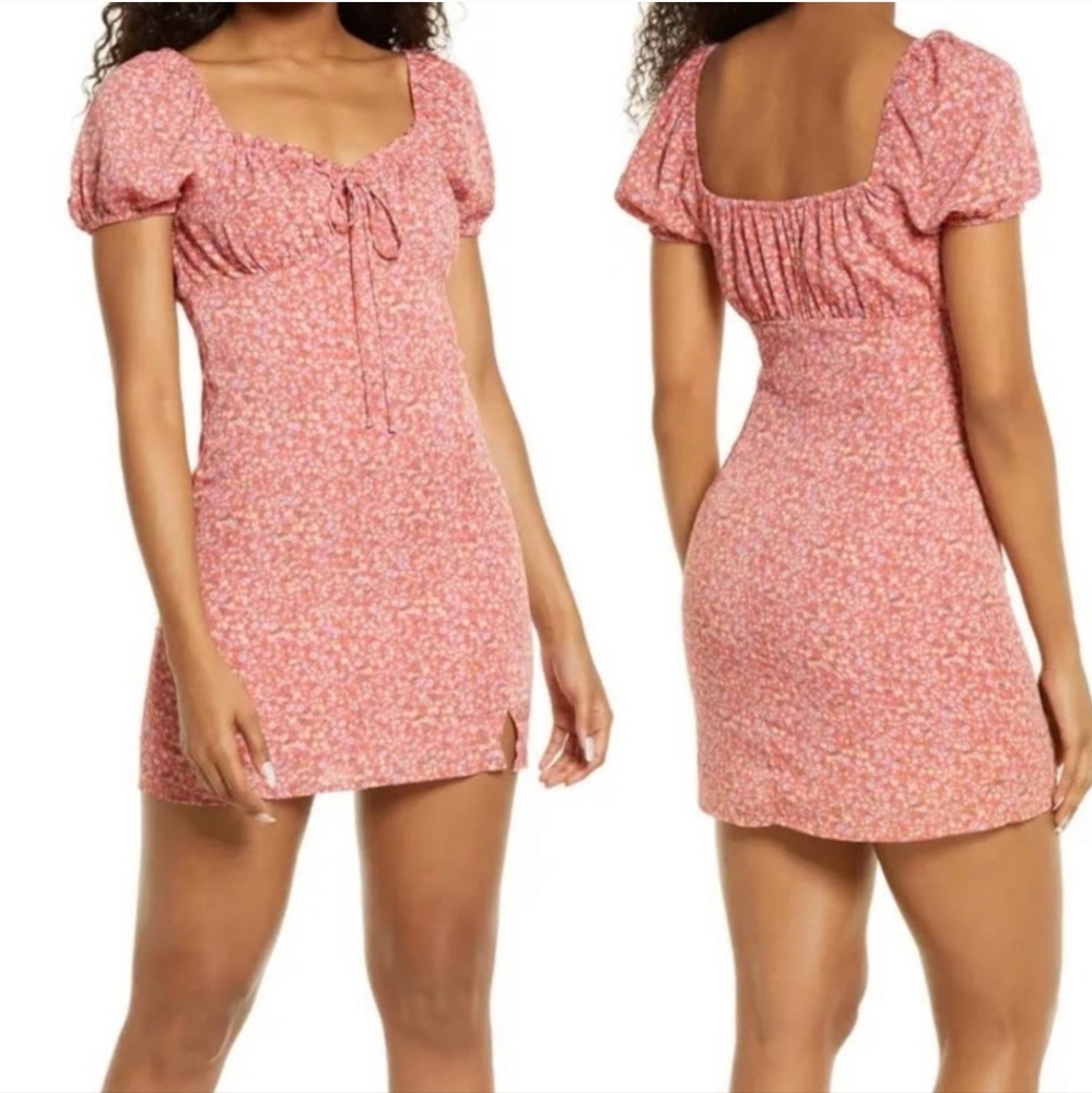 BP Women Pink Multi Ditsy Floral Printed‎ Tie Front Puff Sleeve Mini Dress Sz. S